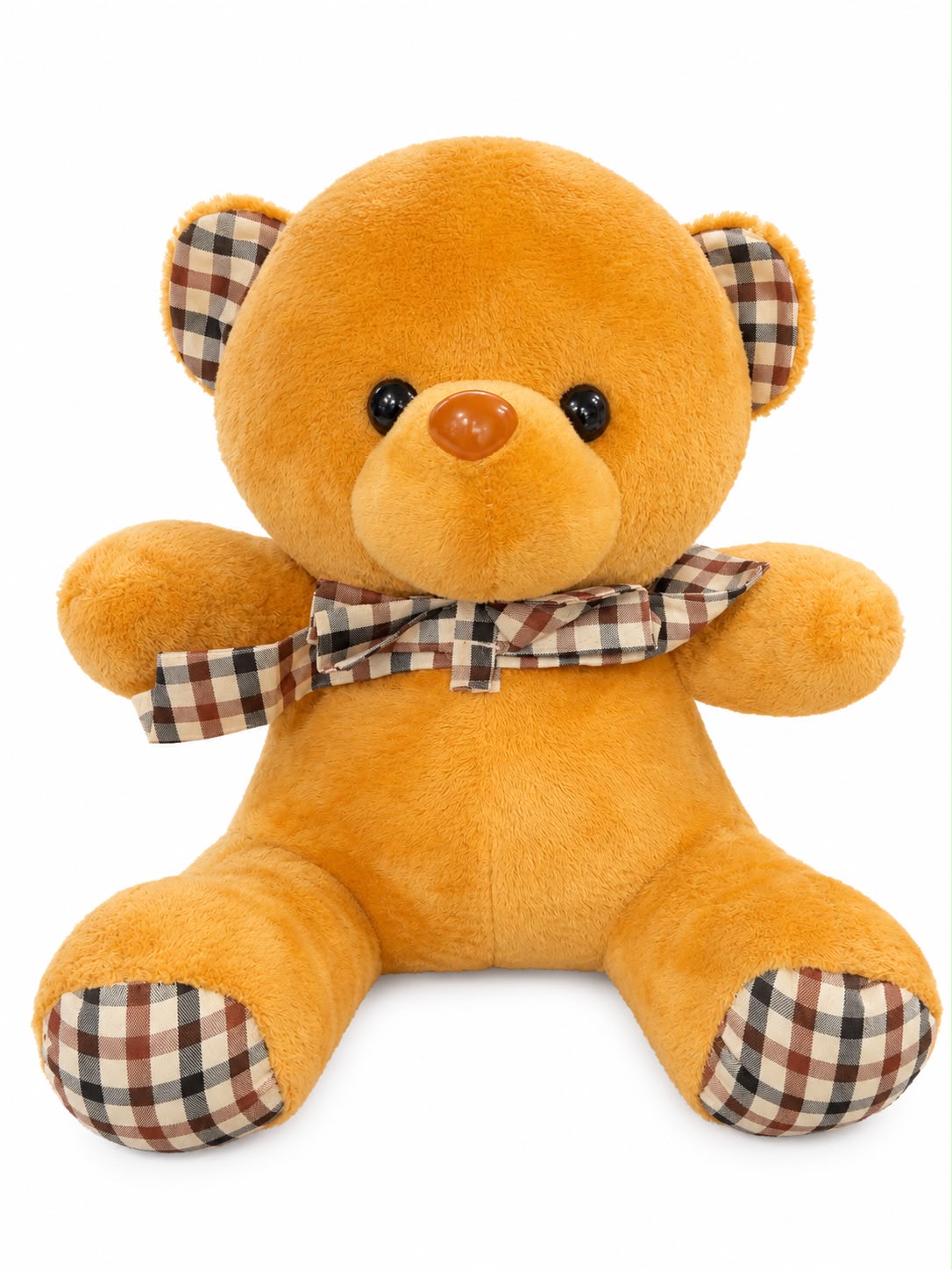 Golden-brown bear with classic plaid bow and ear accents