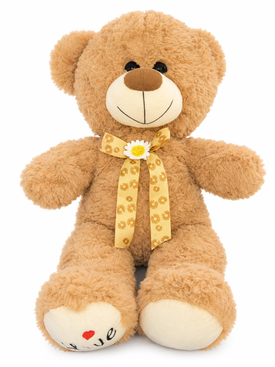 Fluffy warm honey bear with yellow floral daisy ribbon