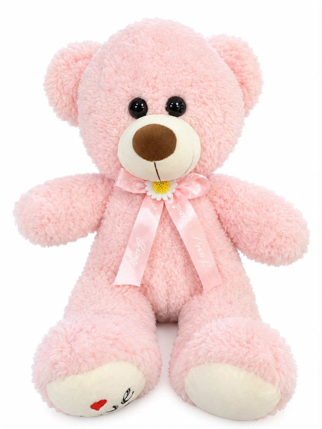 Fluffy pastel pink bear with daisy ribbon and Love paw