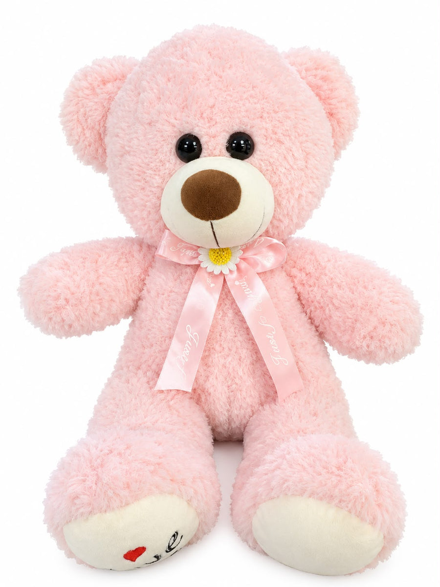 Fluffy pastel pink bear with daisy ribbon and Love paw